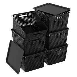 Ggbin 6-Pack Large Plastic Weave Basket with Lid, Black Storage Basket Bins