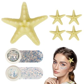 Qoyapow Juego de 4 Pinzas para El Pelo con Forma de Estrella de Mar Y 2 Purpurina para Rostro Y Cuerpo, Accesorios de Sirena para El Pelo para Mujer, Accesorios de Disfraz de Sirena para Halloween, Co