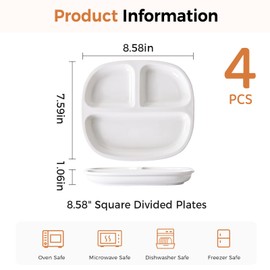 8.58" Square Ceramic Divided Plates - 4 Pack, Portion Control Plate for Rational Eating, White Dinner Plates, 3 Compartment Dinner Diet Plates for Kids Adults, Microwave, Dishwasher Safe