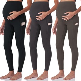 POSHDIVAH 3 Pack Black Grey Brown Women's Maternity Workout Leggings Over The Belly Pregnancy Yoga Pants with Pockets Large