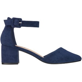 ILLUDE Tacones Puntiagudos para Mujer con Correa de Tobillo y tacón bajo Grueso, Azul Marino Gamuza, 7 US