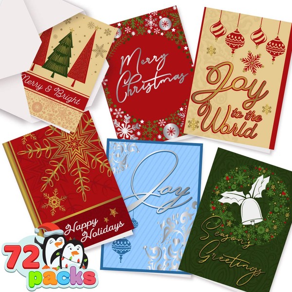 JOYIN 72 Foil Merry Christmas Greeting Cards for Holiday Parties, Gift Giving, Winter Christmas Season, Holiday Gift Giving, Xmas Gifts Cards.