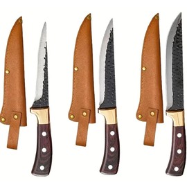 Premium Steak Knives Set with Hammered Steel Blades, Wooden Handles, Brass Bolster, 3-Piece