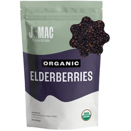 J Mac Botanicals Certified USDA - 100% Organic Dried Elderberries - 1lb Bulk - Non-Irradiated, Non-GMO, Whole Black Elderberry Immune Support - Raw Vegan Sambucus 1 Pound