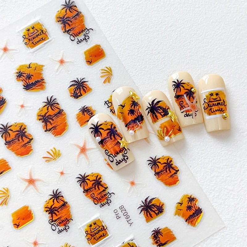2 Sheets Summer Nail Art Stickers 5D Embossed Palm Nail