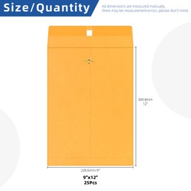 Glarks 25Pcs 9 x 12 Inch Clasp Envelopes Brown 28lb Kraft Paper Catalog Envelopes with Gummed Seal and Clasp Closure for Home Office Business School Filing, Storing and Mailing Documents