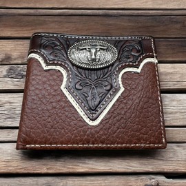 Western Stakes Mens Wallet Floral Longhorn Concho Tooled Cowboy Western Leather Wallet High End Mens Wallets Leather Bull Rider Rodeo Gifts For Men (Brown)