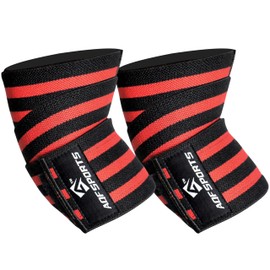AQF Elbow Wraps for Weightlifting Gym Elbow Support - Heavy Duty 40" Elasticated Elbow Sleeves Straps for Powerlifting, Bodybuilding, Training & Bench Press (Pair) (Blk & Red)