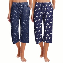 Ekouaer 2 Pack Women's Capri Pajama Pants Printed Drawstring Comfy Pj Bottoms With Pockets