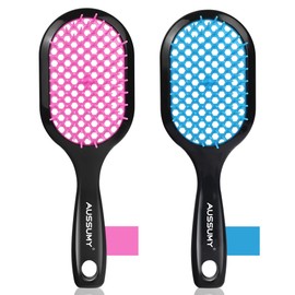 Aussumy Vented Detangling Hair Brush - 2 Pack Detangler Hairbrush for Effortless Tangle Removal - Ultra-Soft Bristles -For Natural Curly Straight Wet Dry Damaged Hair for Women Men Kids - Blue & Pink