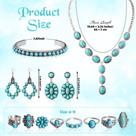 Liliaafar 12 Pcs Bohemian Turquoise Jewelry Set for Women Valentine's Day Gift Western Jewelry with Vintage Turquoise Necklace Bracelets Earrings Rings Boho Galentines Gift Accessories for Cowgirl