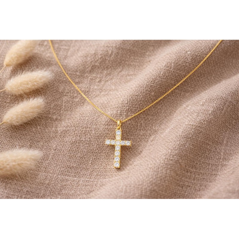 14K Gold Cross Necklace for Women Small Diamond Pendant Charm