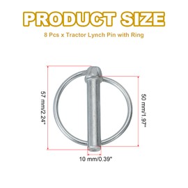 PATIKIL M10x50 mm Tractor Lynch Pin with Ring, 8 Pcs Heavy Duty Assortment Kit Lock Pin Clips for Tractors Trailer Farm Trucks Mowers, Silver Tone