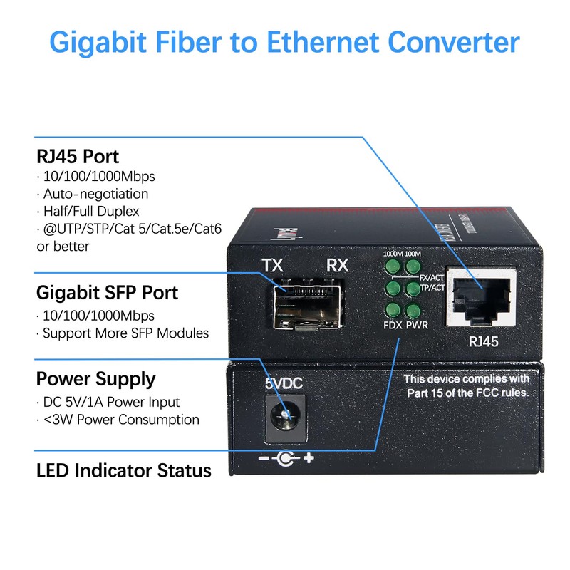 Lynxcel Gigabit Multi Mode Fiber Media Converter, 10/100/1000Base-TX to 1000Base-SX