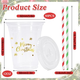 Whaline 50 Pack 12oz Christmas Disposable Cups with Lids Straws Gold Merry Christmas Plastic Glasses Cups Covers Red Green Straws for Xmas Winter Holiday Drinks Party Supplies