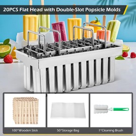 Dyna-Living Commercial Popsicle Molds 20PCS Flat Heads with Double-slot Stainless Steel Popsicle Molds Metal Ice Cream Popsicle Mold with Lid, Single Cup Capacity 85ml