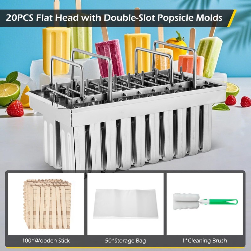 Dyna-Living Commercial Popsicle Molds 20PCS Flat Heads with Double-slot Stainless