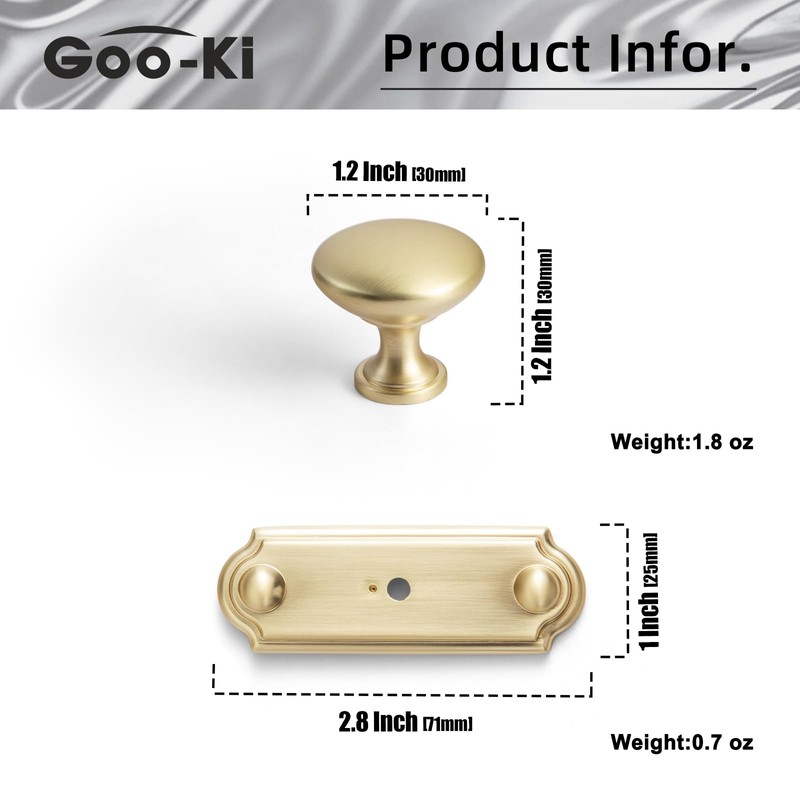 Goo-Ki 6 Pack Brushed Brass Cabinet Knobs with Backplate Zinc