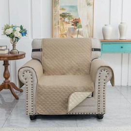 XINEAGE Quilted Chair Sofa Cover Waterproof Chair Covers for Armchair, Super Soft Washable Slipcover with Pockets & Non-Slip Elastic Straps, Dog Pets Proof Thick Furniture Protector (Chair, Khaki)