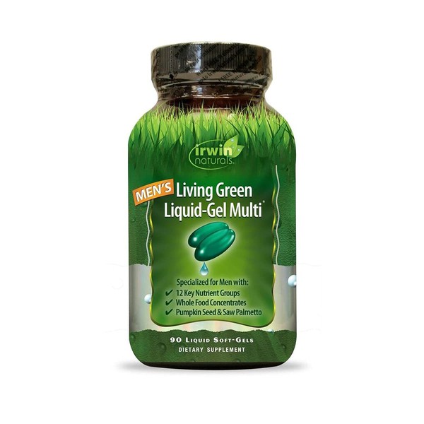 Irwin Naturals Men's Living Green Liquid-Gel Multi - 70 Essential Nutrients, Vitamins, Wholefood Blend - Targeted Support - 90 Liquid Softgels
