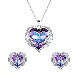 Flyonce Angel Wing Love Heart Women Necklaces and Earrings, Embellished with Vitrial Light Purple Crystal Jewelry Set, Christmas Valentines Day Birthday Mothers Gifts for Wife Her