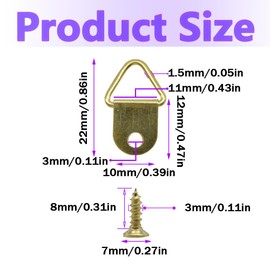 Ruidee 100 Pcs Picture Hanging Kit,Small Triangle Ring Picture Hangers Frame Single Hole Picture Hang with Screws for Hanging Photos Frame Cross Stitch Clock Paintings Mirrors Artwork （Gold/XS）