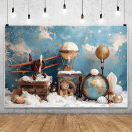 YongFoto Travel Adventure Theme Backdrop 5x3ft Cute Clouds Sky Stars Bear Globe Photography Background Adventure Awaits Baby Shower Girl Boy 1st 2nd Birthday Party Banner Kids Portraits Photoshoot