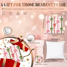 LUKIPOM Preppy Christmas Bow Pillow Covers 18x18, Coquette Pink and Green Bow Pillow Covers, Preppy Christmas Decor, Pink Christmas Decorations, Coquette Christmas Decor