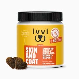 ivvi SKIN & COAT Omega 3 for Dogs Supplement (DHA) with DHAgold, Salmon Oil, Vitamin C & E, Biotin for Dogs – Itchy Skin & Itchy Dog Relief, Dog Allergy Relief, Soft & Shiny Fur - 60 Tasty Soft Chews