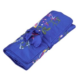 KYEYGWO Chinese Embroidery Travel Jewelry Roll with Flowers and Bird Embroidery, Jewelry Organizer Portable Hand Roll Bag Jewelry Bag for Necklace Ring Bracelet Storage, Blue