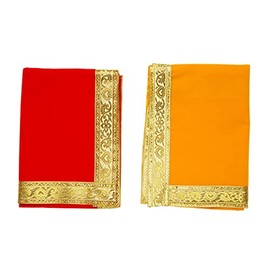Red and Yellow Pooja Cloth Mat Aasan Decorative Cloth Set of 2 (Size:-19 Inches X 31 Inches,) for Multipurpose Pooja Decorations Item & Article