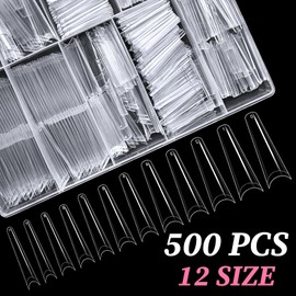 Lifextol 480PCS Long Gel Nail Tips Coffin Press on Nails Clear Acrylic Nail Tips Coffin Fake Nails, 12 Sizes XL Half Cover Soft Gel Nails Tips Kit for False Nails Extension Artificial Fingernails
