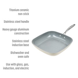 Goodful Ceramic Nonstick 11 Inch Grill Pan, Dishwasher Safe Pots and Pans, Comfort Grip Stainless Steel Handle, Made without PFOA, Griddle, Cream