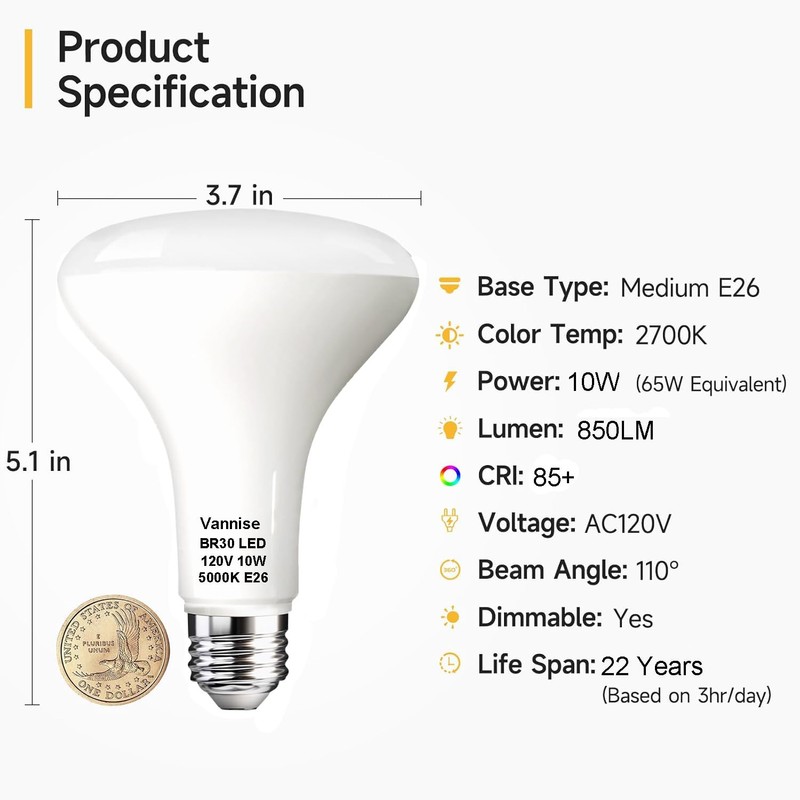 Vannise BR30 Recessed Light Bulbs Dimmable Warm White 2700K, 6PCS