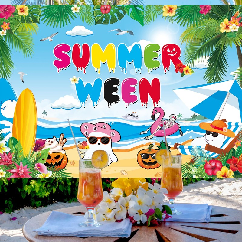 Happy Summerween Backdrop Spooky Skull Summer Beach Background