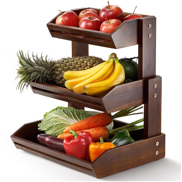 HOLANA Acacia Wood Fruit Basket - 3-Tier Fruit Bowl Wooden