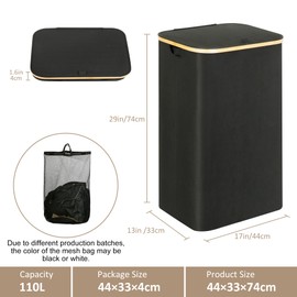 IEGrow Laundry Hamper with Lid, 110L Laundry Basket with Bag,Black