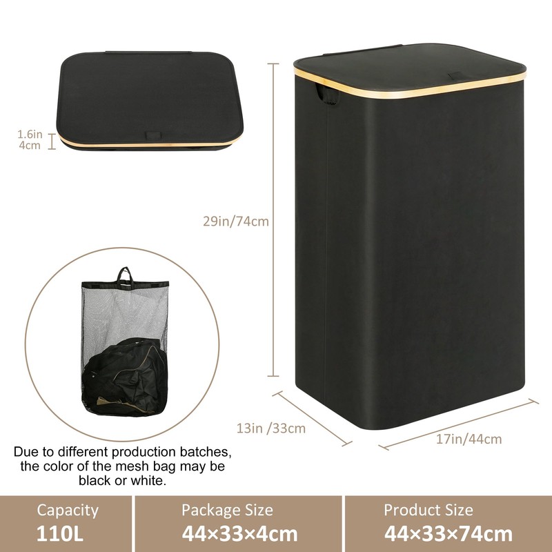 IEGrow Laundry Hamper with Lid, 110L Laundry Basket with Bag,Black