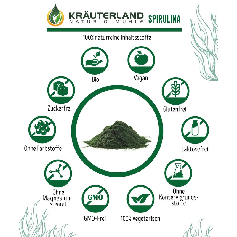 Kräuterland Organic Spirulina Powder, 500 g, Spirulina Powder, Vegan Algae