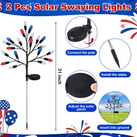 Glooglitter 2 Pcs Solar 4th of July Outdoor Stake Lights Patriotic Independence Day Decorations Outdoor Waterproof 40 LED Red White and Blue Lights for Outside Pathway Porch Yard Grave Cemetery