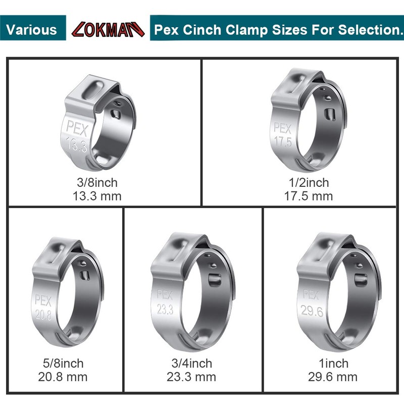LOKMAN 50 Pack 1/2 Inch PEX Cinch Clamps, Stainless Steel