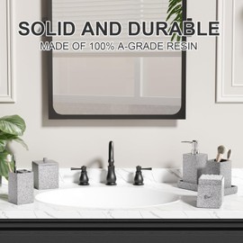 Gray Bathroom Accessories Set Resin 6PCS, Square Toothbrush Holders Set Complete with Soap Dispenser, Vanity Tray, Tumbler, Cups and Cotton Swab Jars for Counter, Sink or Small Spaces