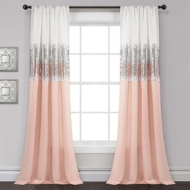 Lush Decor Night Sky Window Curtain Panel, Single, 42" W x 84" L, White & Blush - Sequin Curtains - Sparkle & Color Block Design - Modern Glam Decor - Long Curtains for Bedroom & Living Room