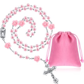 Sinmoe Pink Rosary Necklace with Velvet Gift Bag Elegant Cross Prayer Beads Glass Beads Catholic Rosary Holy Communion Gift for Women Girls, Faux glass beads and flower shaped ceramic beads