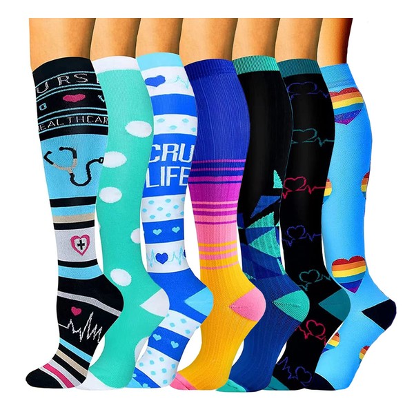 Tlynsnil 7 Pairs of Compression Socks for Men and Women, 15-20 mmHg is Best Flight, Sports, Travel, Running, Colourful Compression Socks, Support Stockings for Nurse, Pregnancy, Maternity, assorted