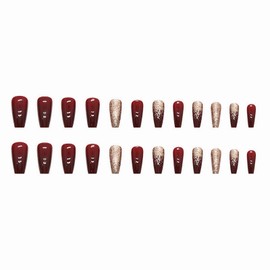 MISUD Press on Nails - Long Coffin Fake Nails with Wine Red, Acrylic Bling Gold Glitter Burgundy Design 24 pcs