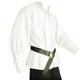 JIEFULL Disfraz de pirata medieval para hombre, blusa de vendaje con cuello alto, camisa mercenaria escocesa con puño ancho, Blanco, X-Large
