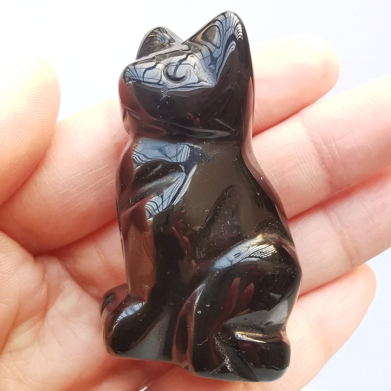 Lovionus89 Natural Black Obsidian Cat Crystals Stones Statue, 5cm Bag