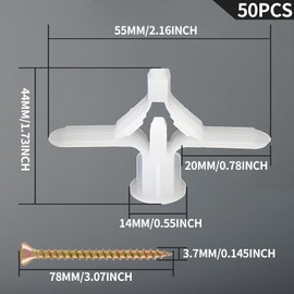 Auvotuis 50Pcs Drywall Anchors with Screws, Self-Drilling Hollow Wall Anchors Butterfly Expansion Plugs, Heavy Duty Plastic Anchors kit for Curtain Plasterboard Wall Installation （White）