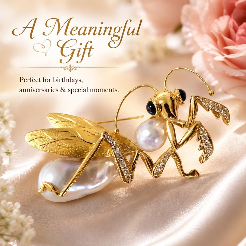 Gold Mantis Brooch, Pearl Clear Crystal Insect Lapel Pin